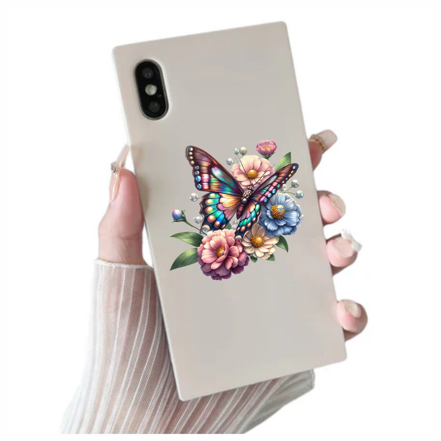 Rainbow Butterfly On Garden Flowers Vinyl Sticker Decal