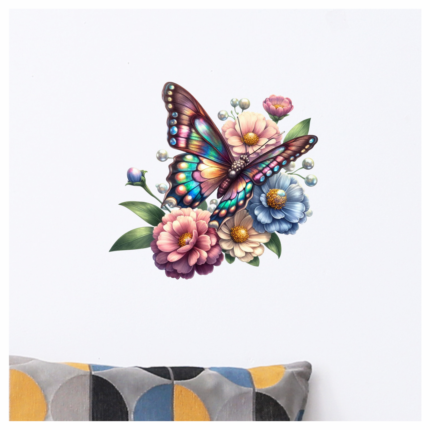 Rainbow Butterfly On Garden Flowers Vinyl Sticker Decal