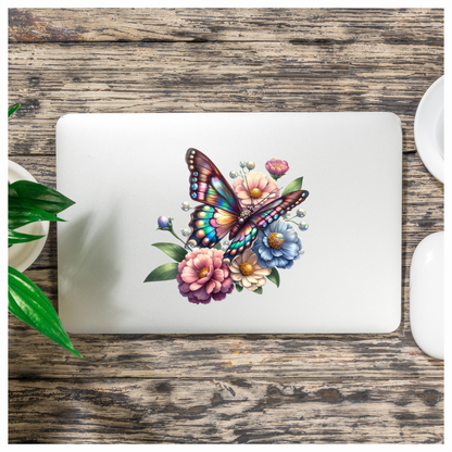Rainbow Butterfly On Garden Flowers Vinyl Sticker Decal
