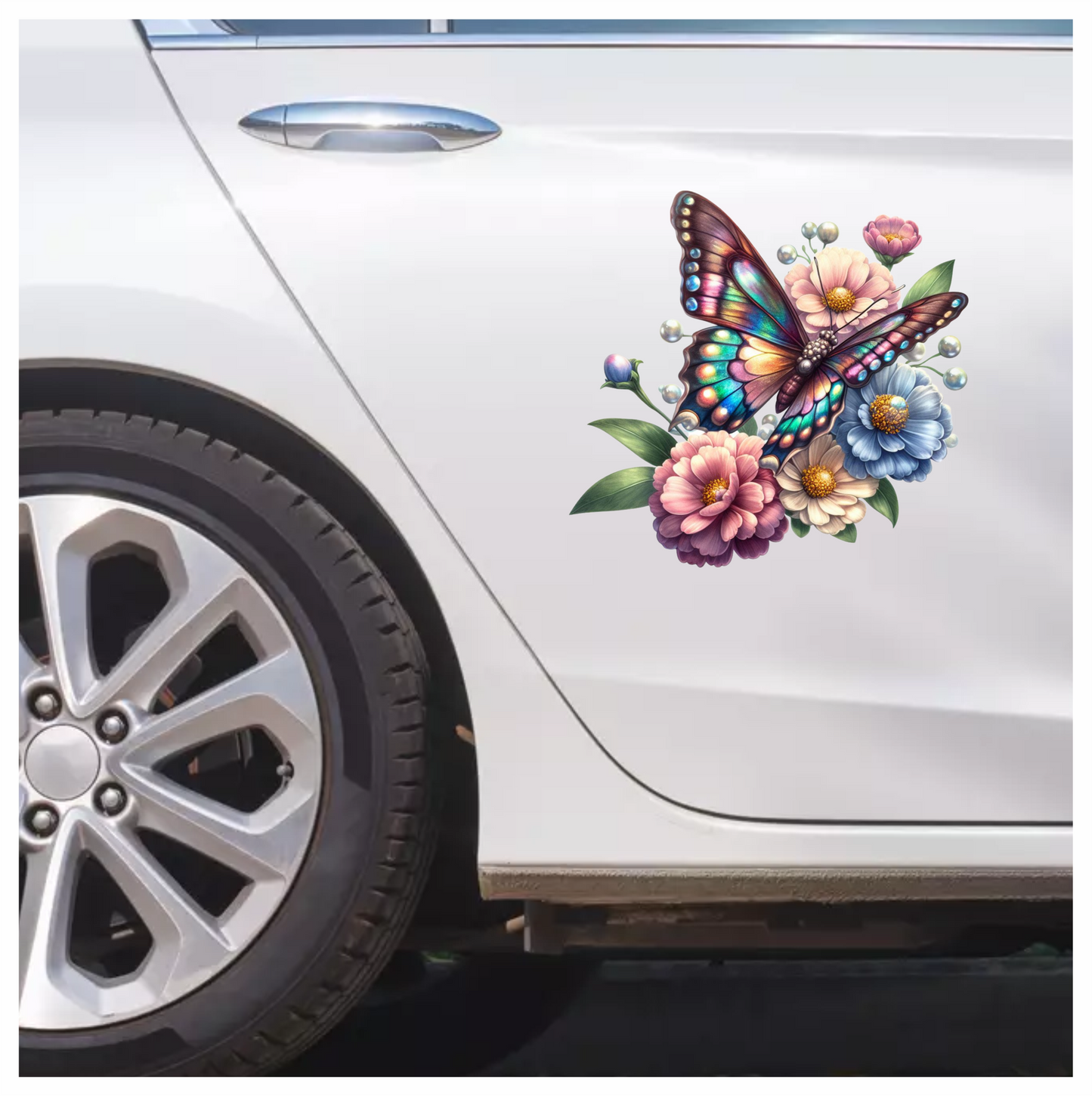 Rainbow Butterfly On Garden Flowers Vinyl Sticker Decal