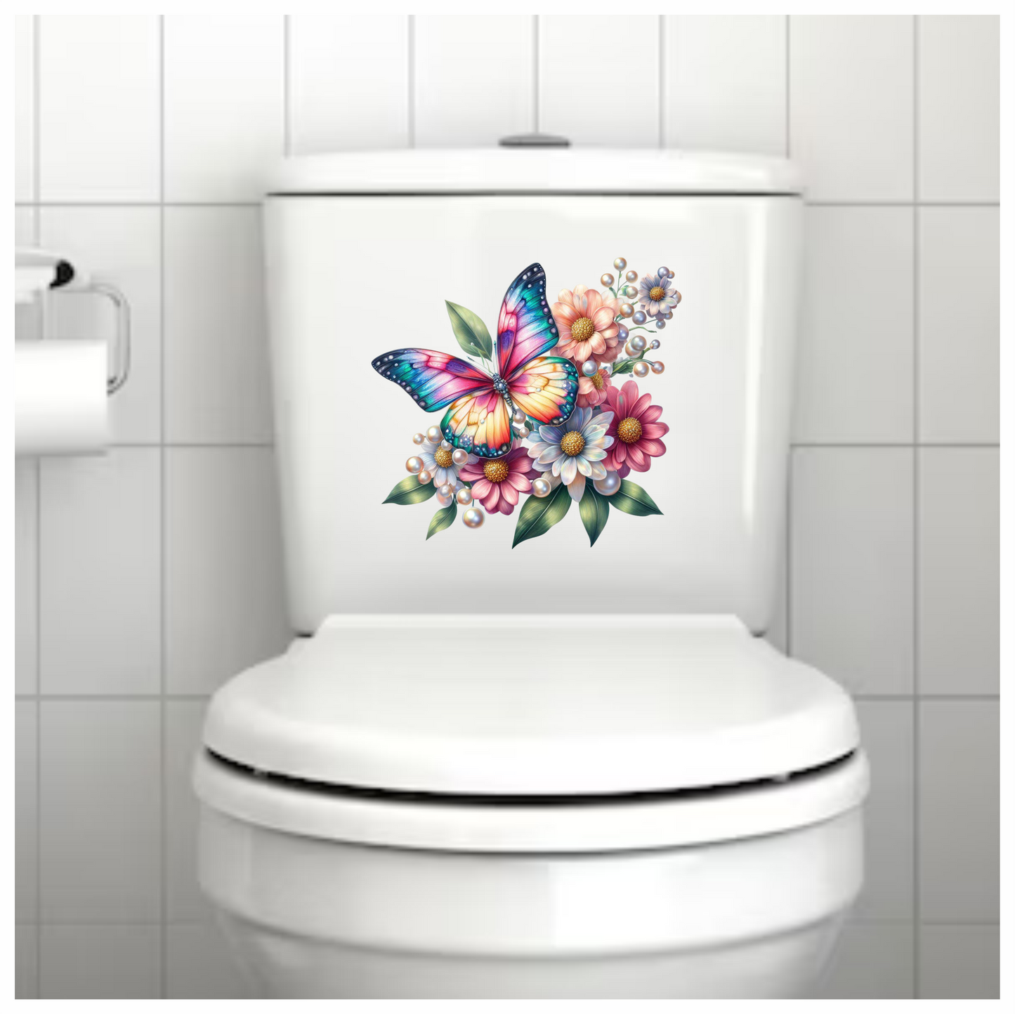 Rainbow Butterfly On Daisy Flowers Vinyl Sticker Decal
