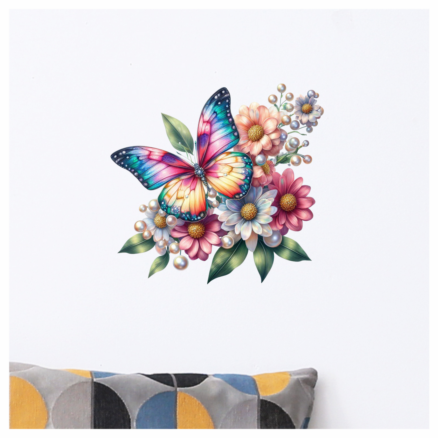 Rainbow Butterfly On Daisy Flowers Vinyl Sticker Decal