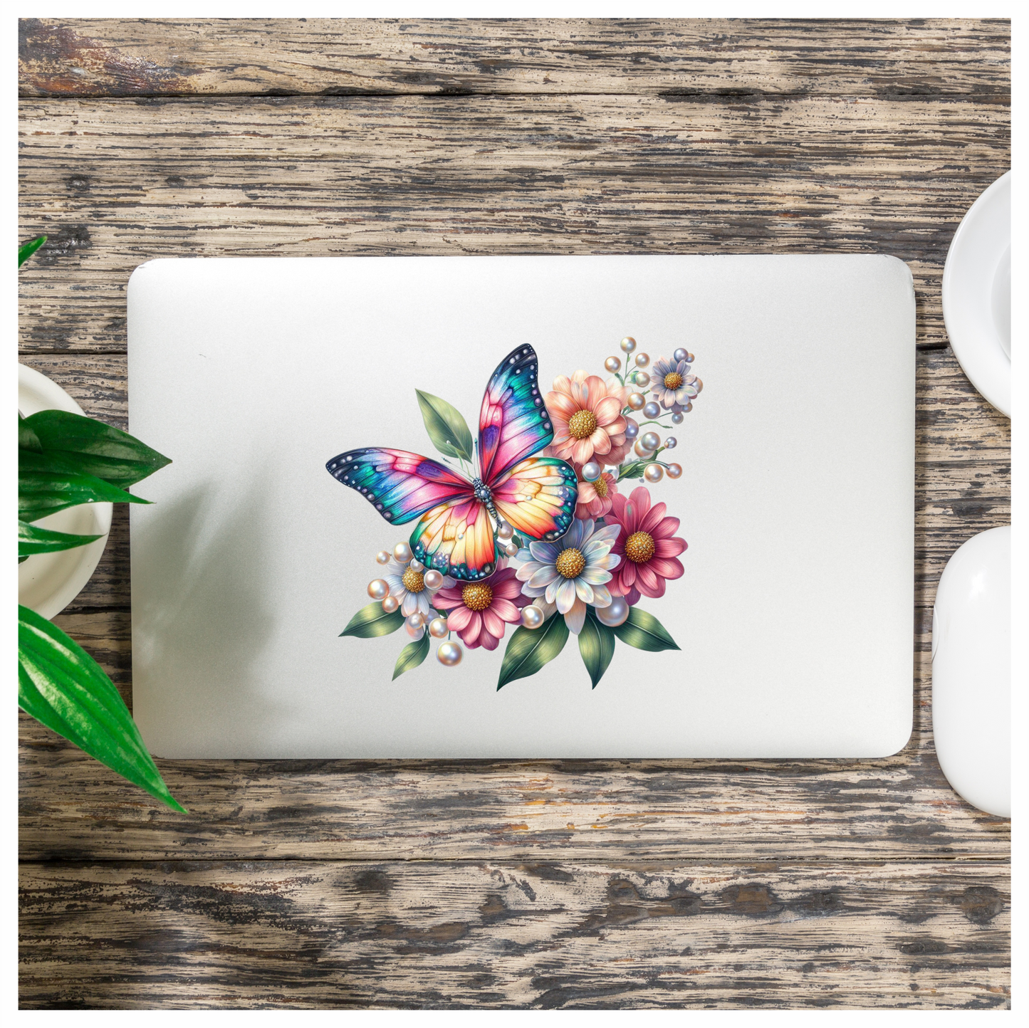 Rainbow Butterfly On Daisy Flowers Vinyl Sticker Decal