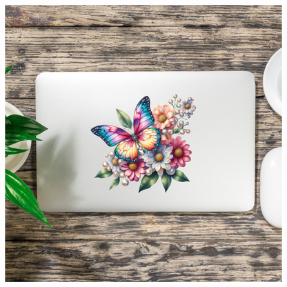 Rainbow Butterfly On Daisy Flowers Vinyl Sticker Decal