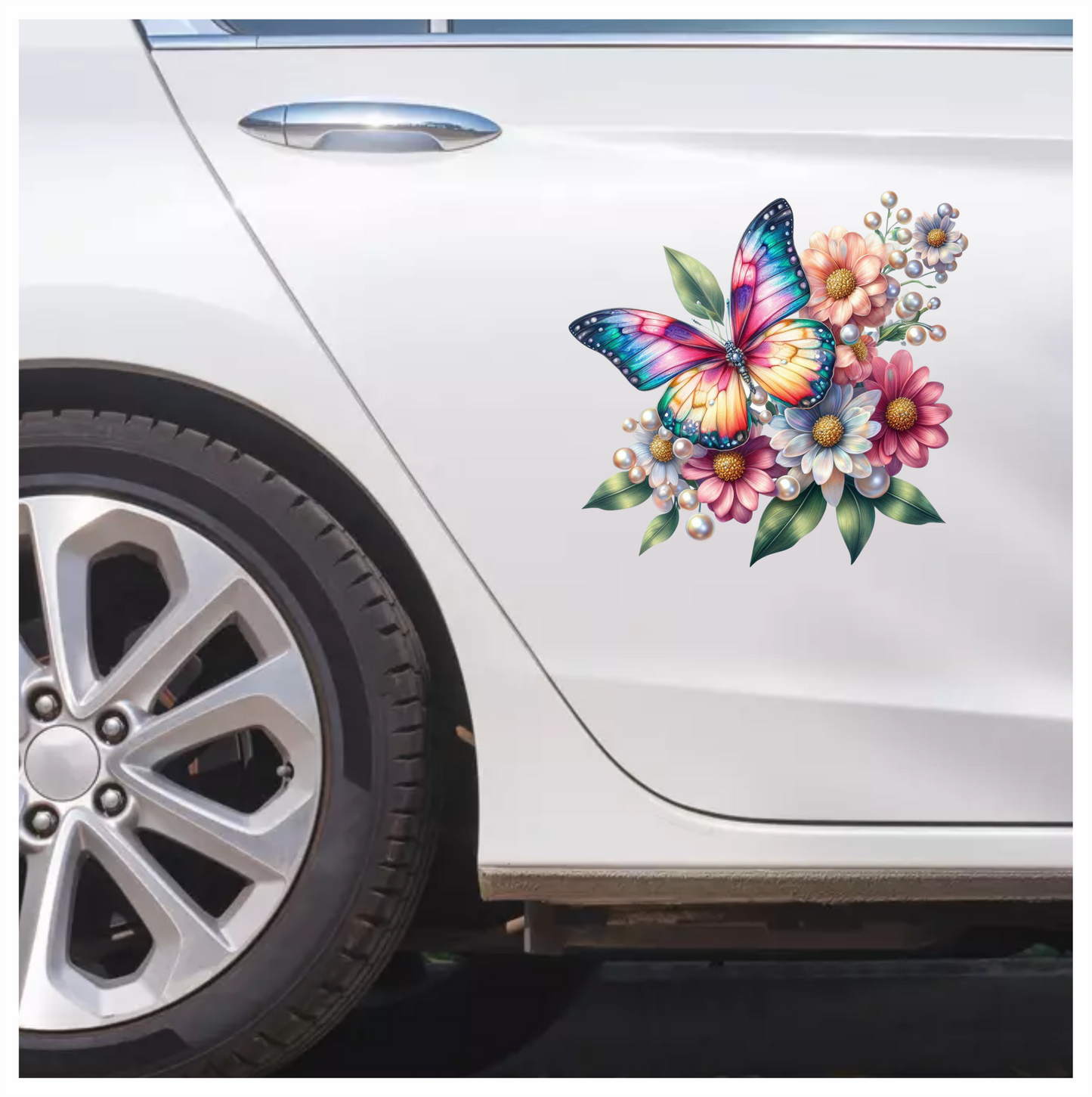 Rainbow Butterfly On Daisy Flowers Vinyl Sticker Decal