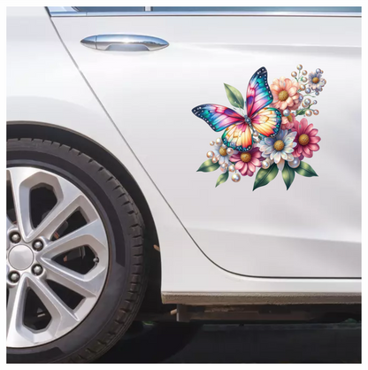 Rainbow Butterfly On Daisy Flowers Vinyl Sticker Decal