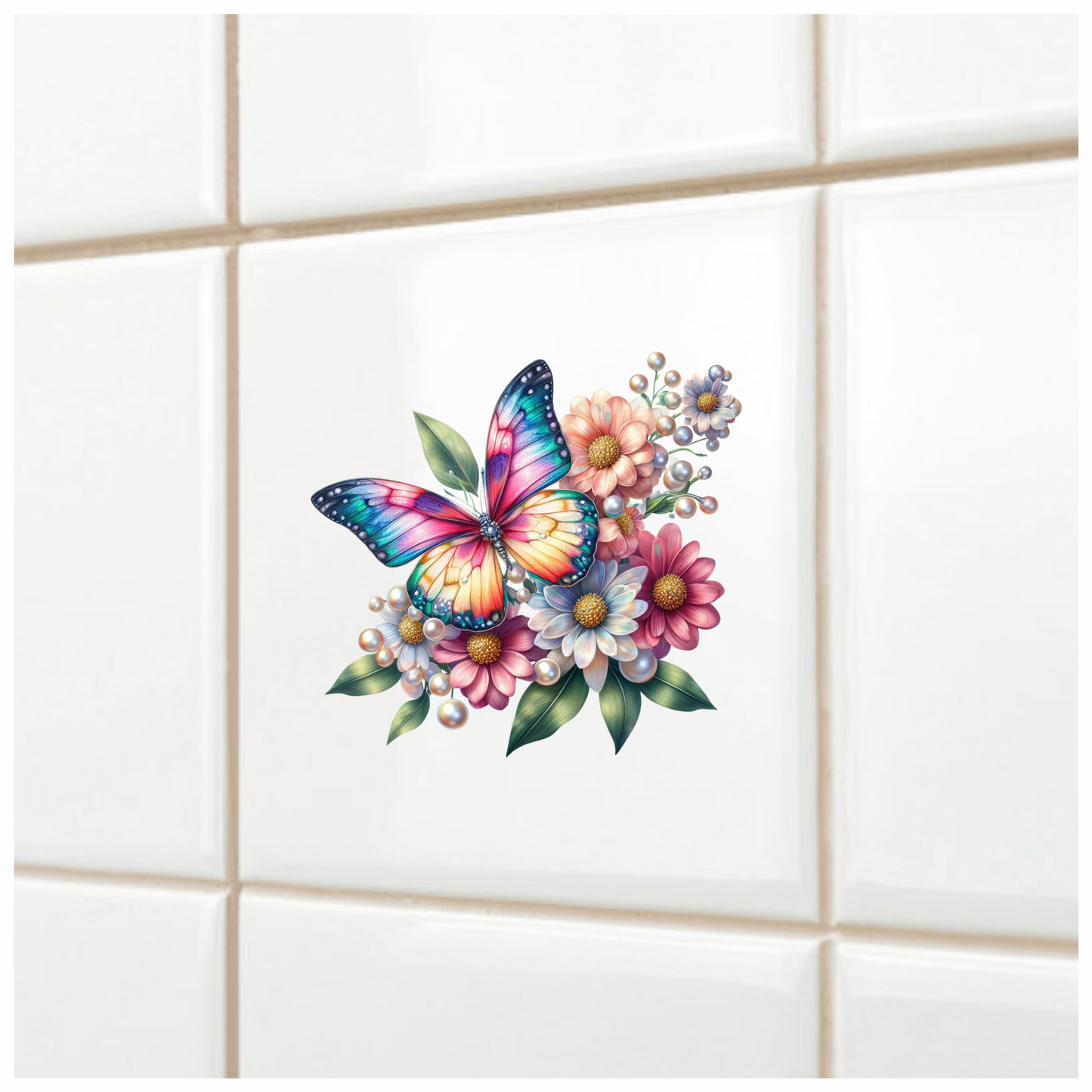 Rainbow Butterfly On Daisy Flowers Vinyl Sticker Decal
