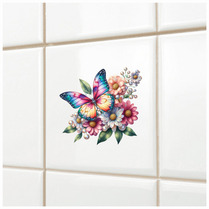 Rainbow Butterfly On Daisy Flowers Vinyl Sticker Decal
