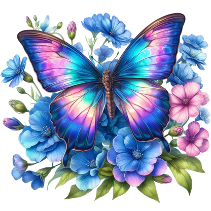 Rainbow Butterfly On Blue Flowers Vinyl Sticker Decal