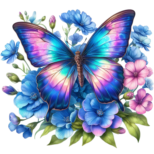 Rainbow Butterfly On Blue Flowers Vinyl Sticker Decal