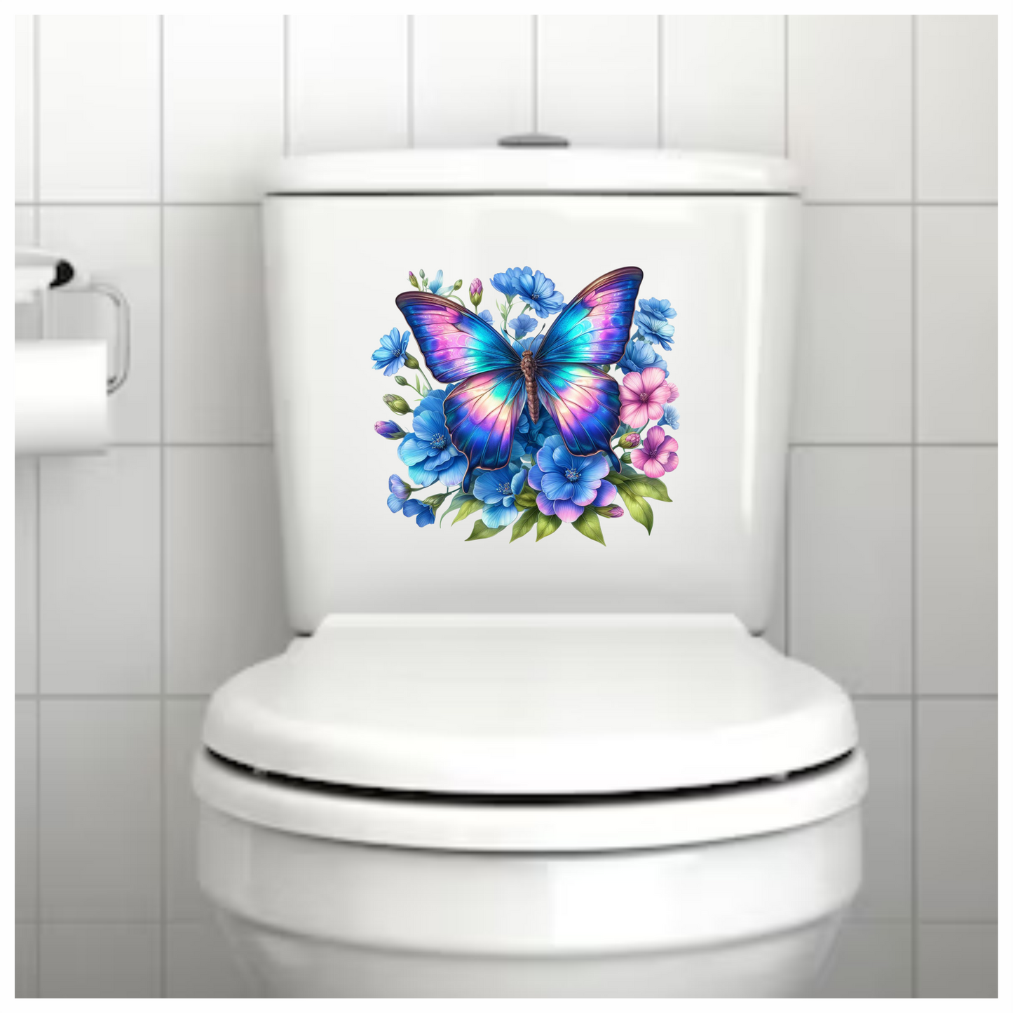 Rainbow Butterfly On Blue Flowers Vinyl Sticker Decal