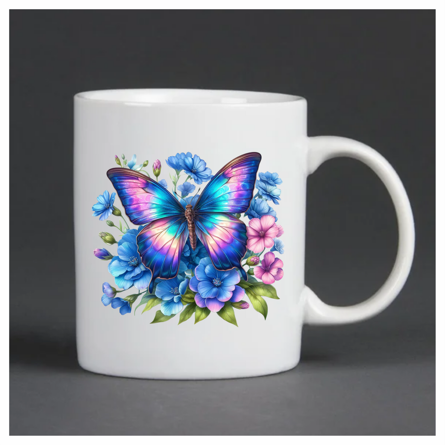 Rainbow Butterfly On Blue Flowers Vinyl Sticker Decal