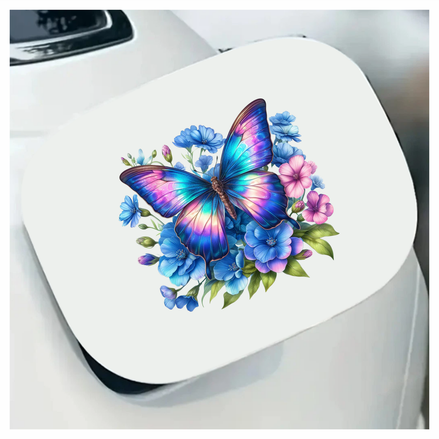 Rainbow Butterfly On Blue Flowers Vinyl Sticker Decal