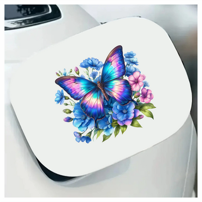Rainbow Butterfly On Blue Flowers Vinyl Sticker Decal