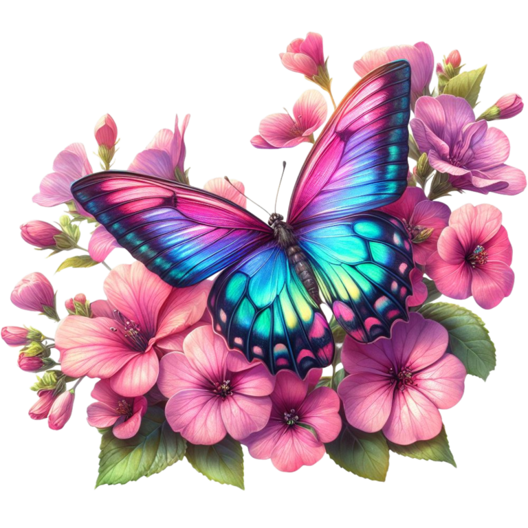 Rainbow Butterfly On Pink Flowers Vinyl Sticker Decal