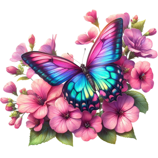 Rainbow Butterfly On Pink Flowers Vinyl Sticker Decal