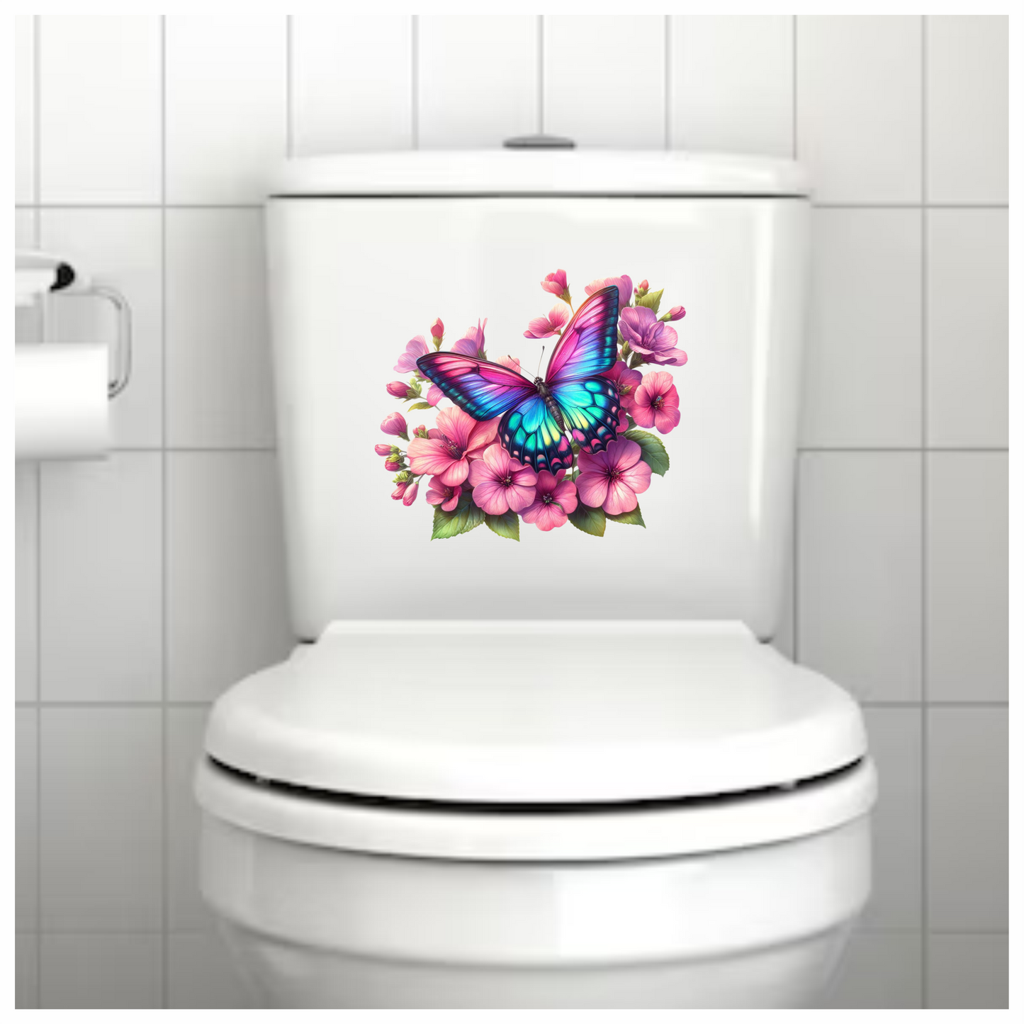 Rainbow Butterfly On Pink Flowers Vinyl Sticker Decal