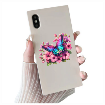 Rainbow Butterfly On Pink Flowers Vinyl Sticker Decal