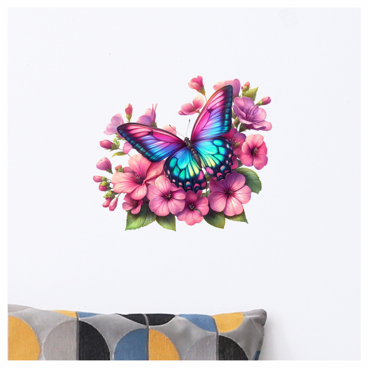 Rainbow Butterfly On Pink Flowers Vinyl Sticker Decal