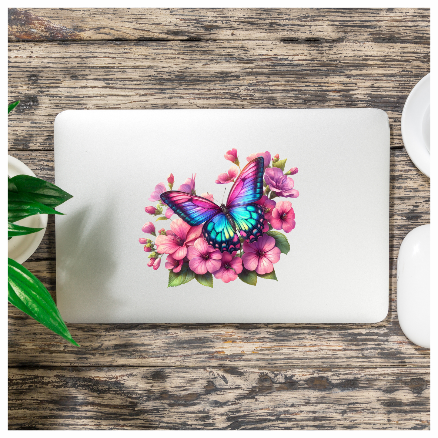 Rainbow Butterfly On Pink Flowers Vinyl Sticker Decal