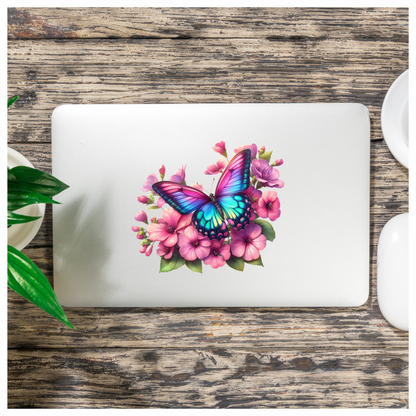 Rainbow Butterfly On Pink Flowers Vinyl Sticker Decal