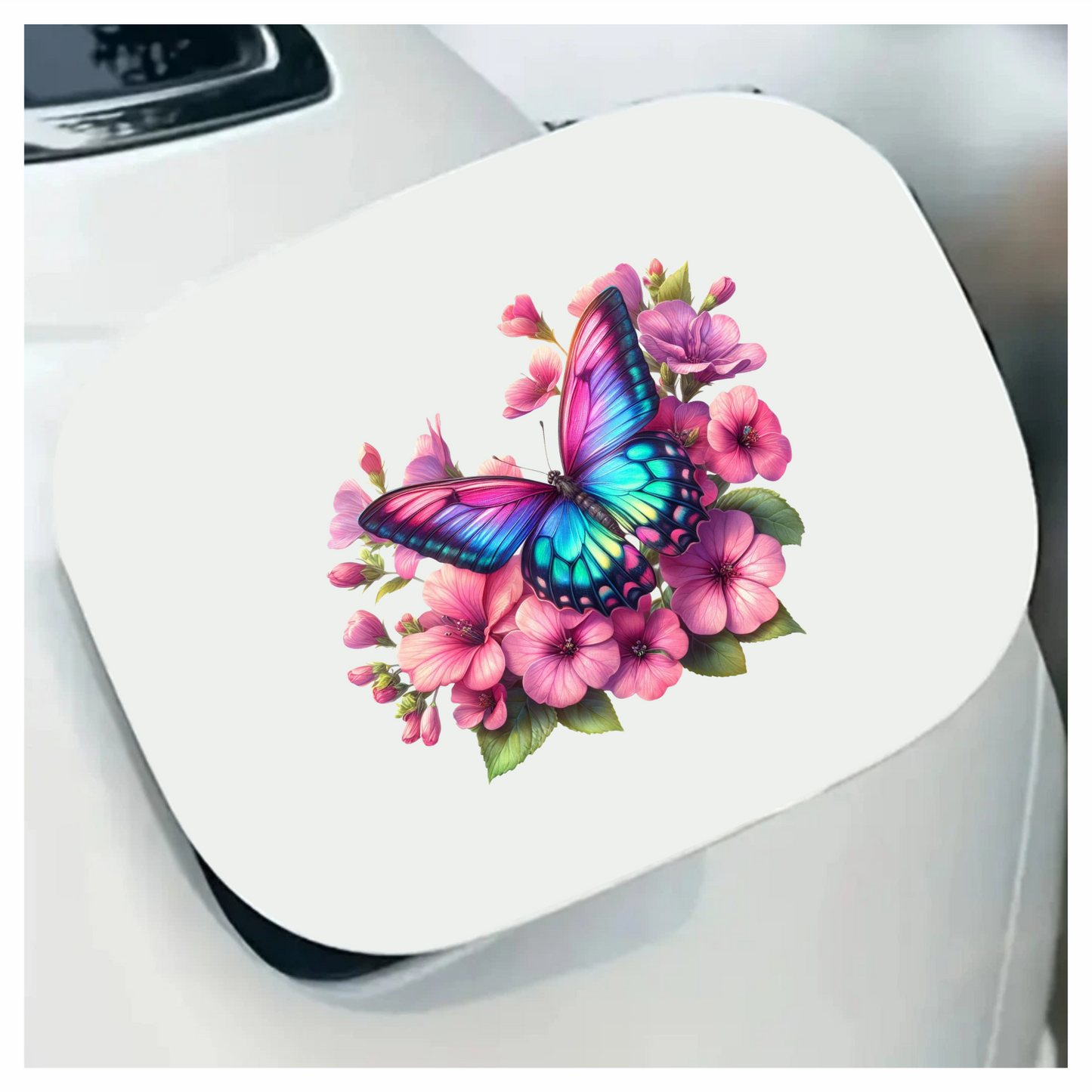 Rainbow Butterfly On Pink Flowers Vinyl Sticker Decal