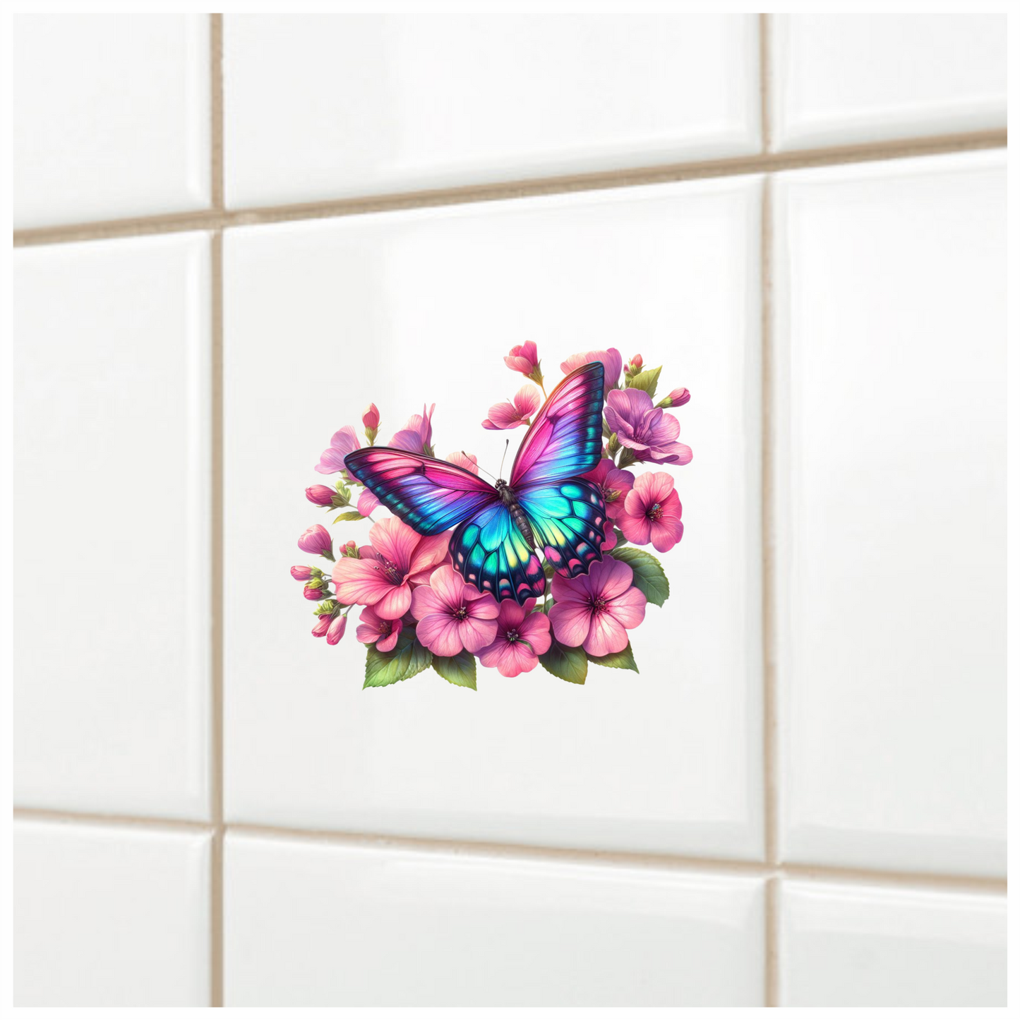 Rainbow Butterfly On Pink Flowers Vinyl Sticker Decal