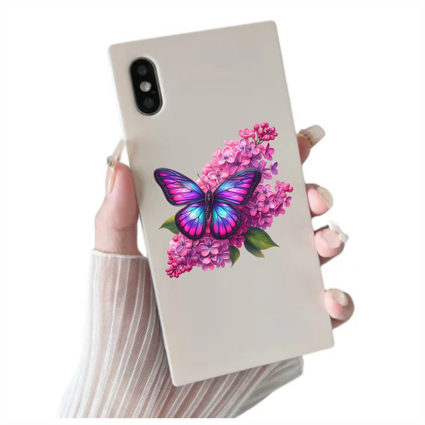 Rainbow Butterfly On Pink Lilacs Vinyl Sticker Decal