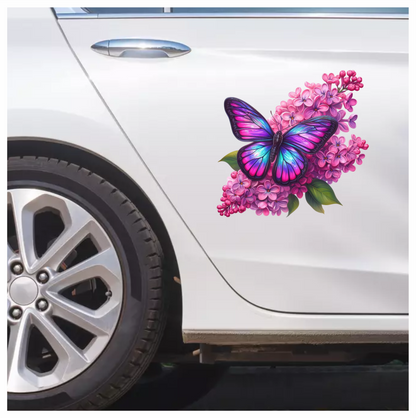 Rainbow Butterfly On Pink Lilacs Vinyl Sticker Decal
