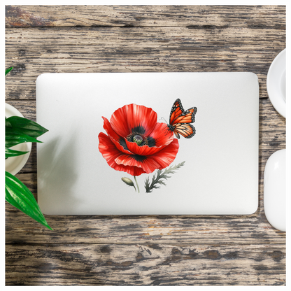 Orange Butterfly On Red Poppy Vinyl Sticker Decal
