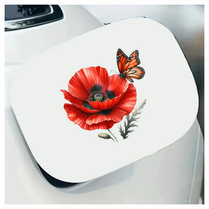 Orange Butterfly On Red Poppy Vinyl Sticker Decal