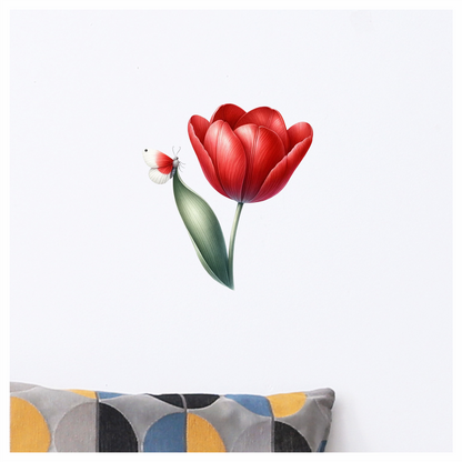 Red Butterfly On Red Tulip Vinyl Sticker Decal