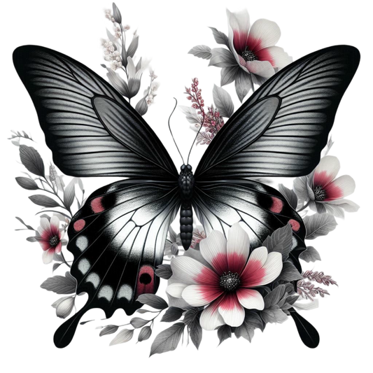 Black Butterfly On White Flowers Vinyl Sticker Decal