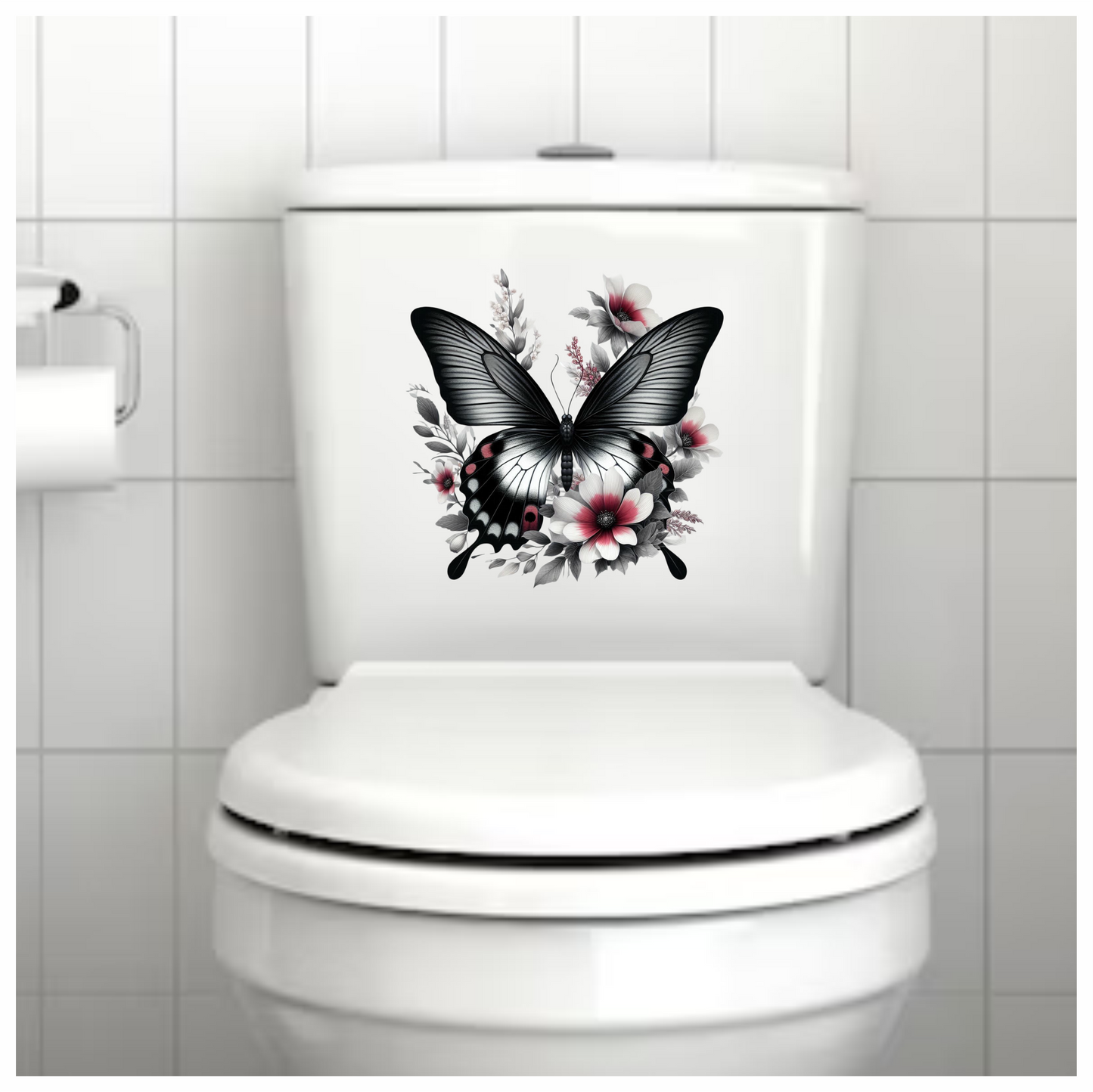 Black Butterfly On White Flowers Vinyl Sticker Decal