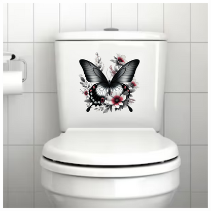 Black Butterfly On White Flowers Vinyl Sticker Decal