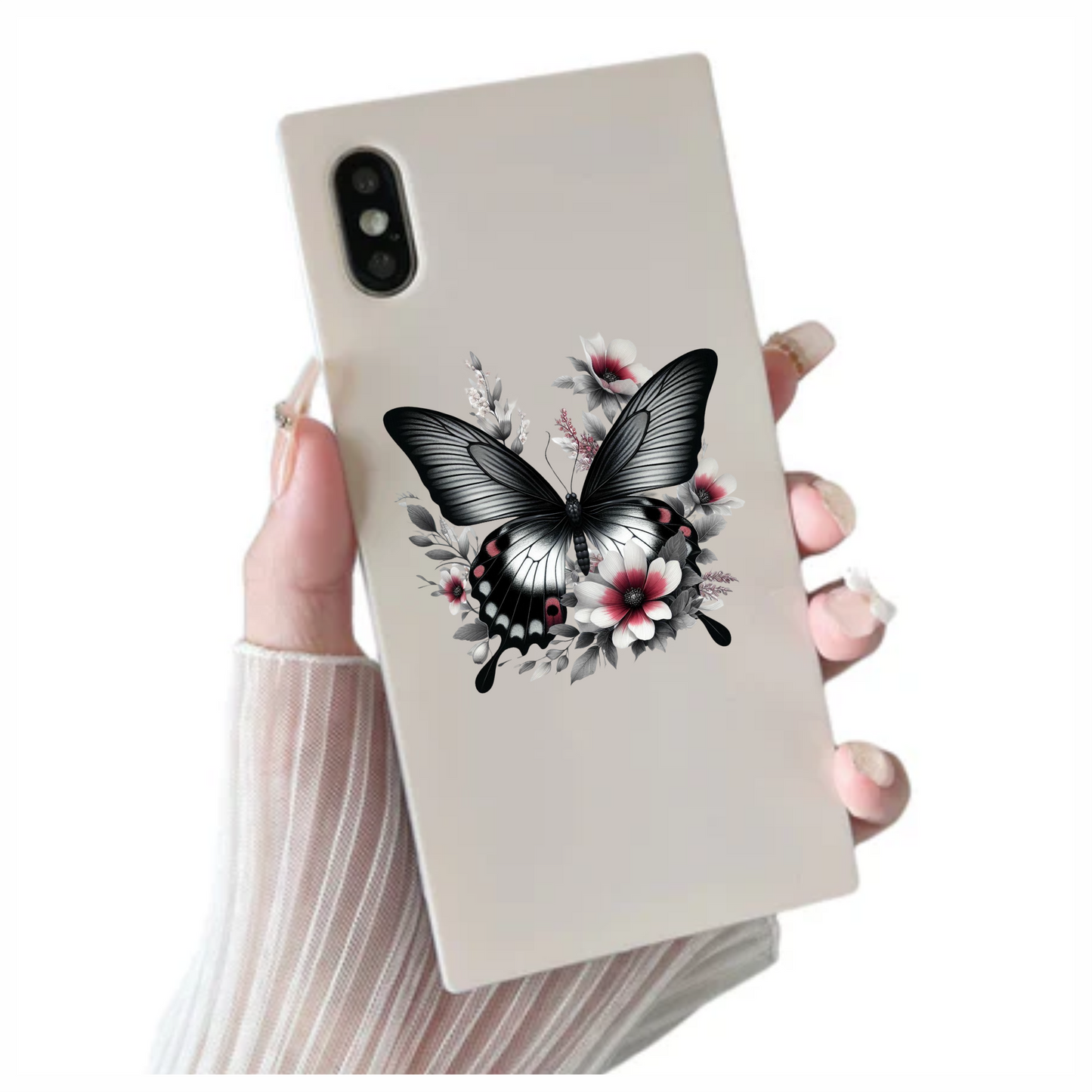 Black Butterfly On White Flowers Vinyl Sticker Decal
