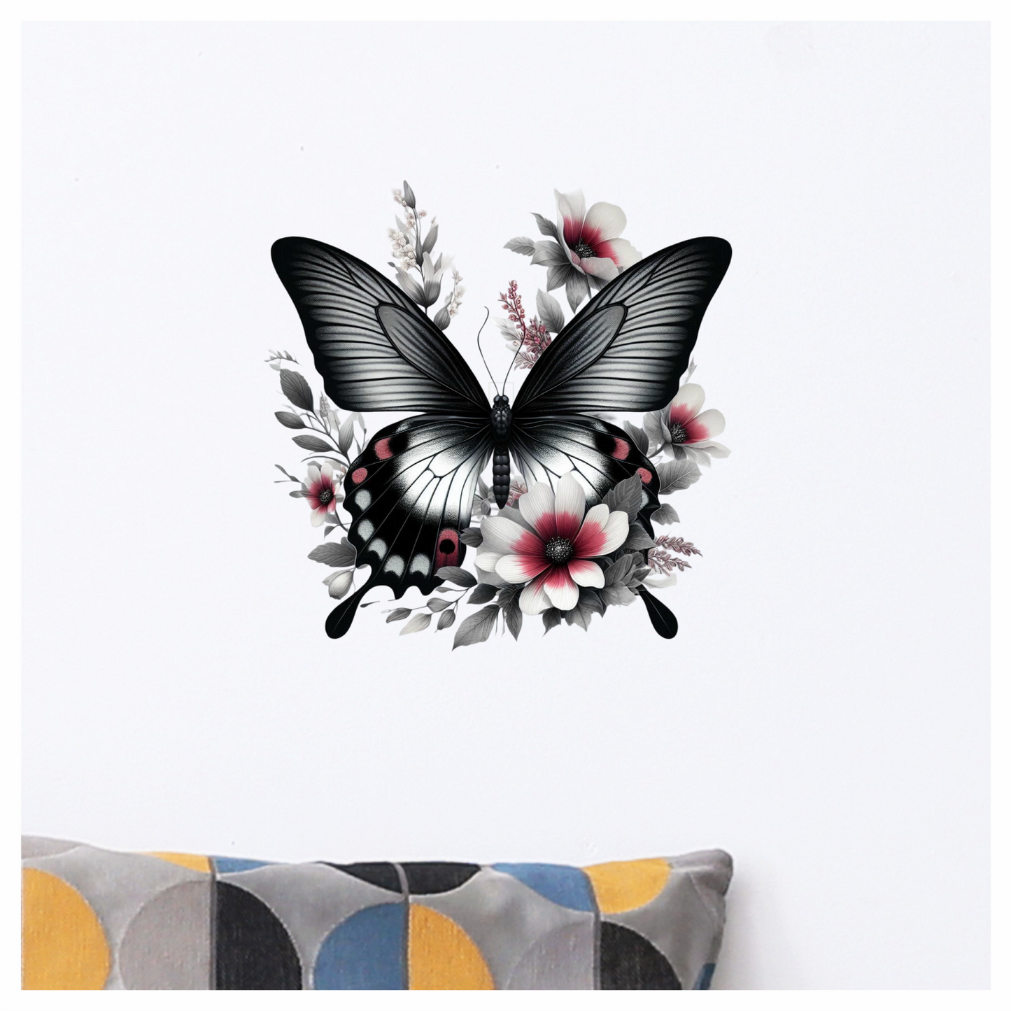 Black Butterfly On White Flowers Vinyl Sticker Decal