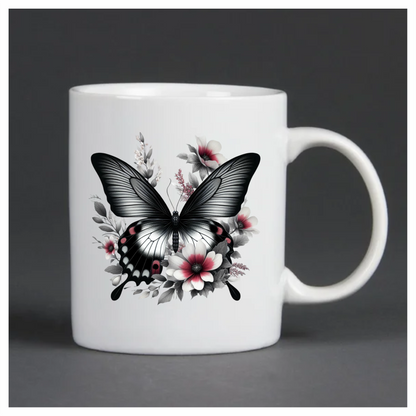 Black Butterfly On White Flowers Vinyl Sticker Decal