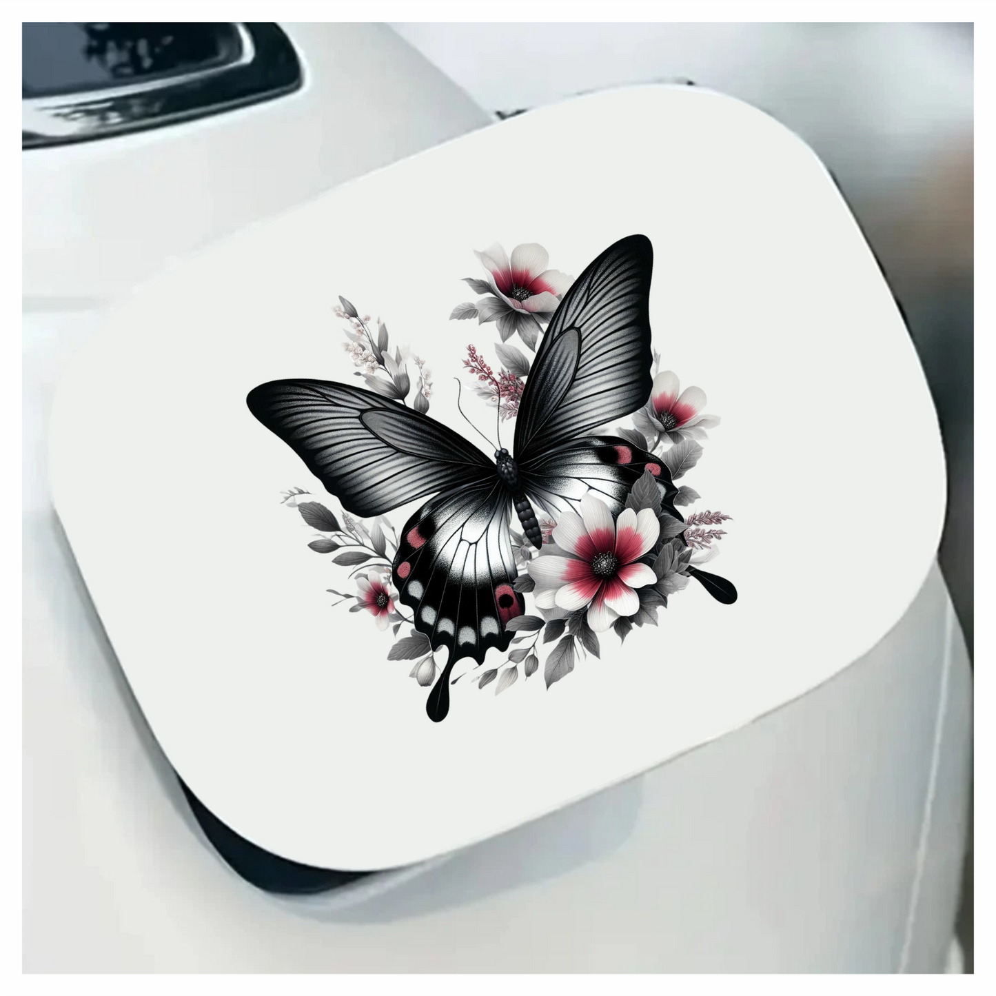Black Butterfly On White Flowers Vinyl Sticker Decal