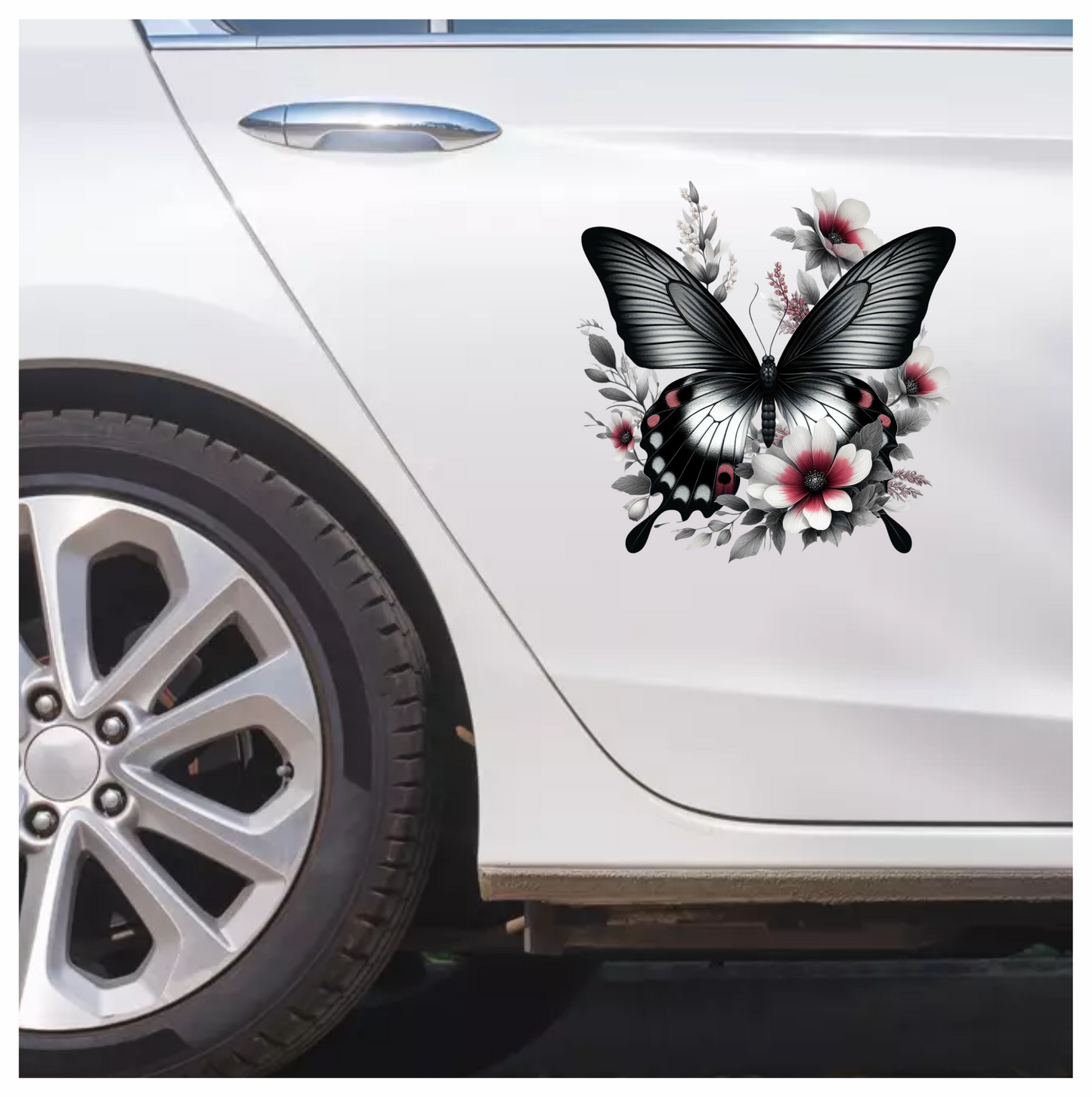 Black Butterfly On White Flowers Vinyl Sticker Decal