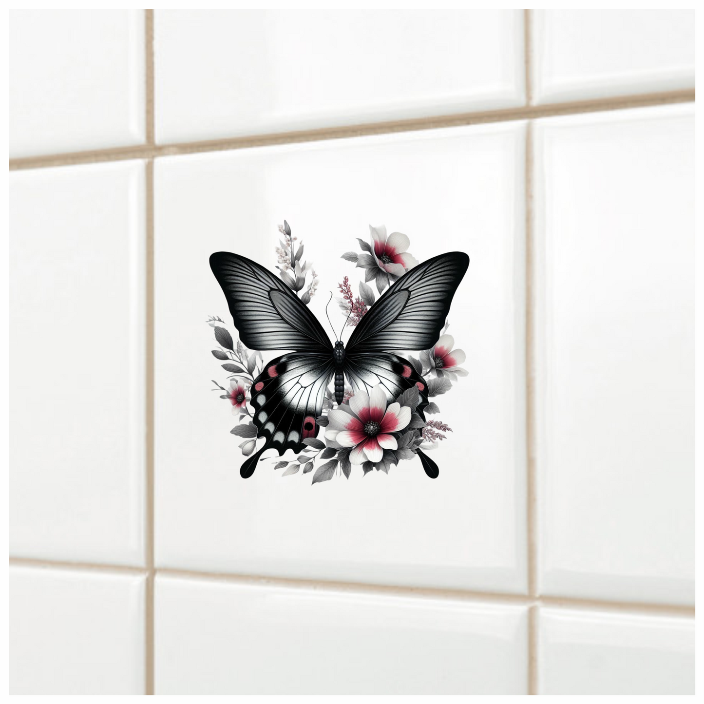 Black Butterfly On White Flowers Vinyl Sticker Decal