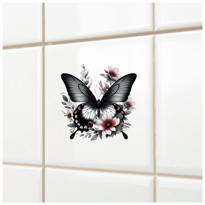 Black Butterfly On White Flowers Vinyl Sticker Decal