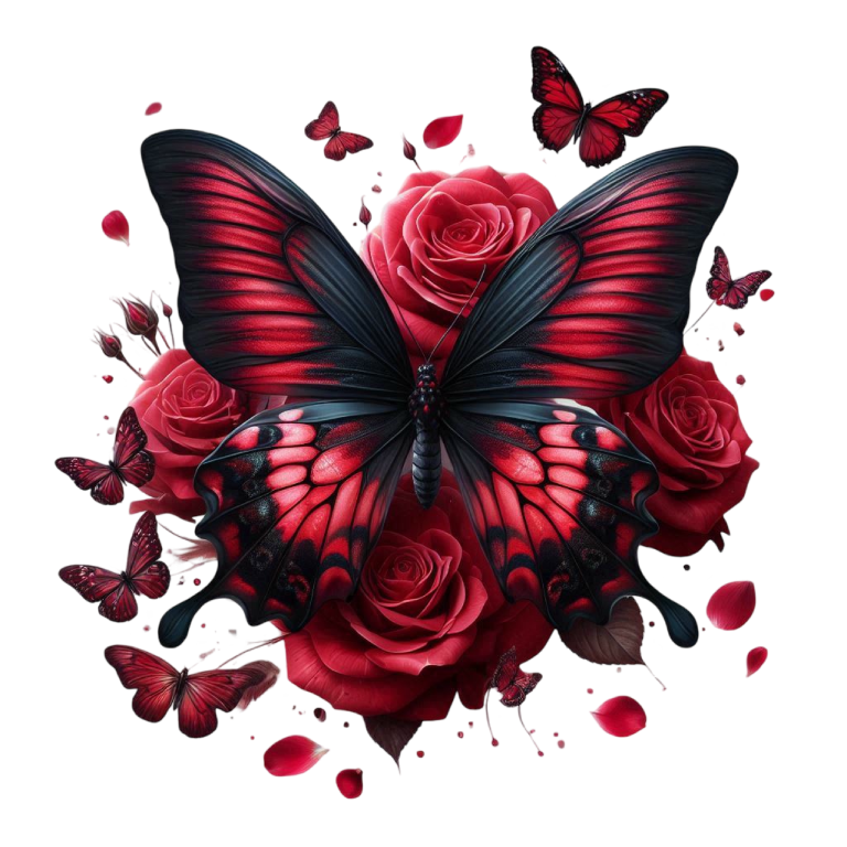Red Butterfly On Red Roses Vinyl Sticker Decal