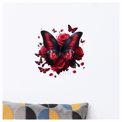Red Butterfly On Red Roses Vinyl Sticker Decal