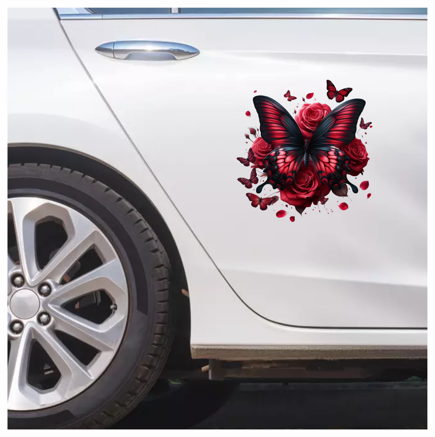 Red Butterfly On Red Roses Vinyl Sticker Decal