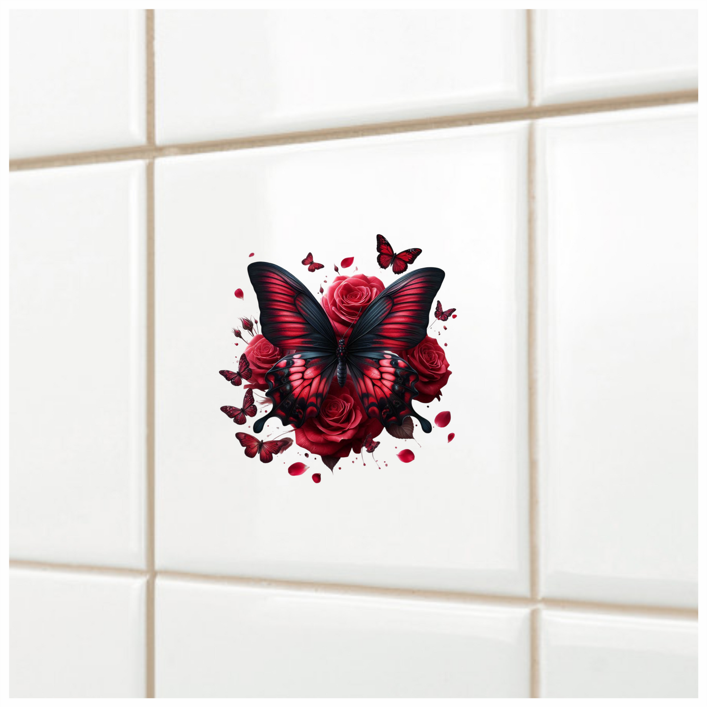 Red Butterfly On Red Roses Vinyl Sticker Decal