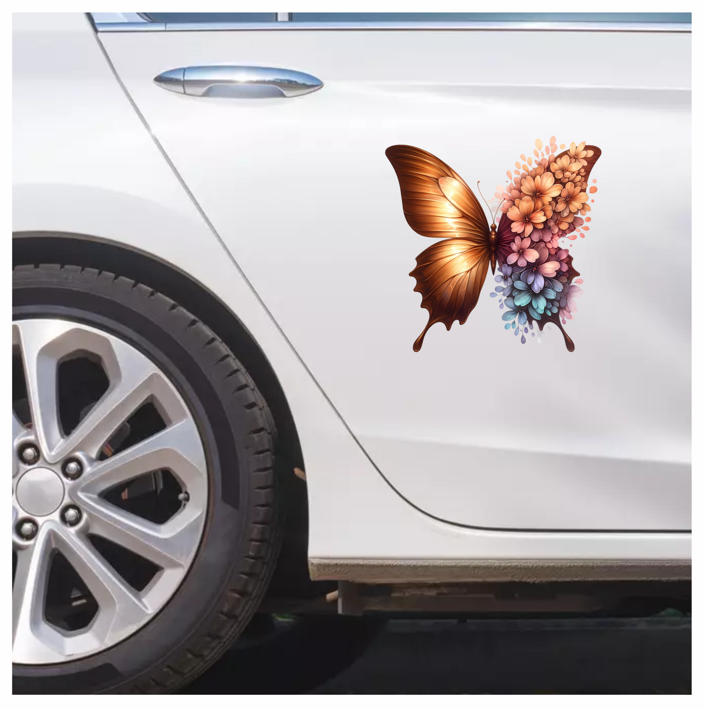 Gold Butterfly With Colorful Flowers Vinyl Sticker Decal