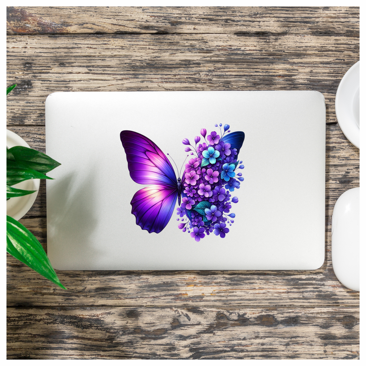 Purple Butterfly With Blue Flowers Vinyl Sticker Decal