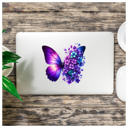 Purple Butterfly With Blue Flowers Vinyl Sticker Decal