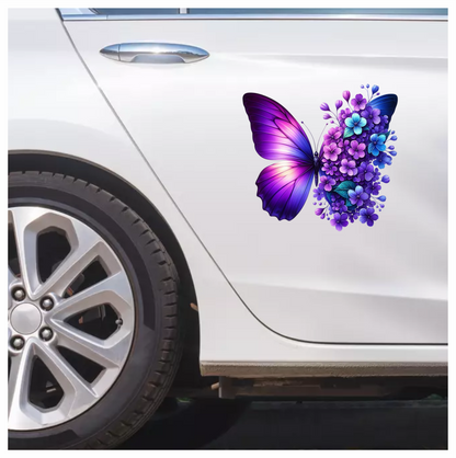 Purple Butterfly With Blue Flowers Vinyl Sticker Decal